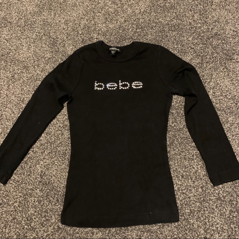 VINTAGE Rhinestone bebe 3/4 Sleeve Black Top